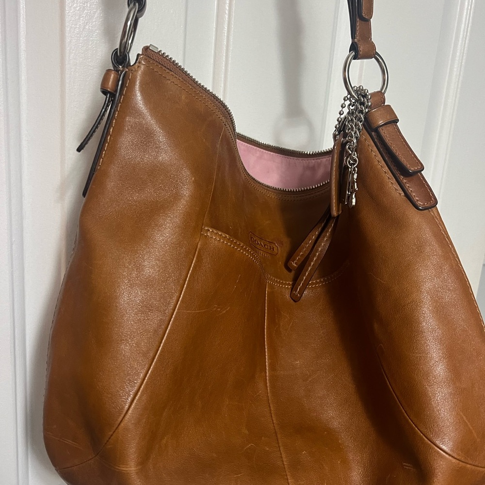 Coach Tan Brown Leather Shoulder Bag with Signature Charm - Picture 3 of 6